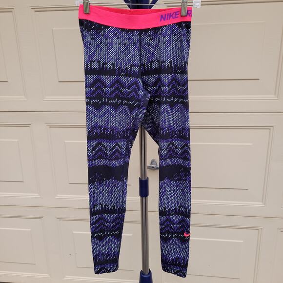Nike Pro Dri-Fit Purple Geometric Print Pink Waistband Ankle Leggings sz Medium - Picture 1 of 10